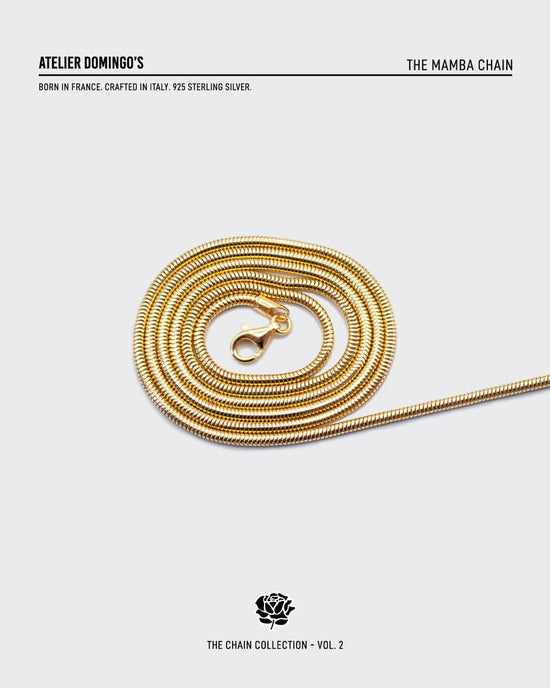 The Mamba necklace is made of 925 sterling silver, covered with 18K gold. The chain is handcrafted in Italy and made for both men and women.