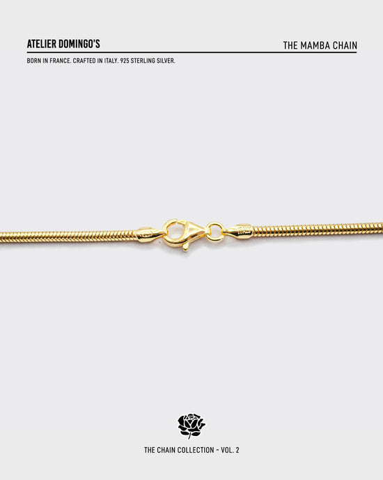 The Mamba necklace is made of 925 sterling silver, covered with 18K gold. The chain is handcrafted in Italy and made for both men and women.