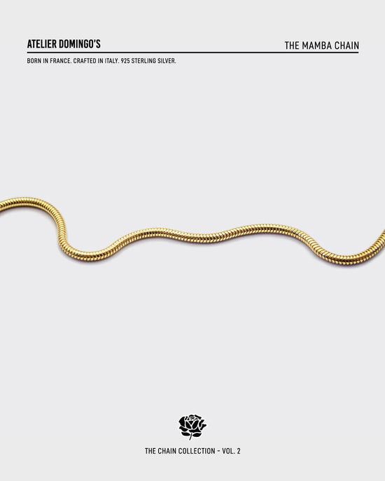 The Mamba necklace is made of 925 sterling silver, covered with 18K gold. The chain is handcrafted in Italy and made for both men and women.