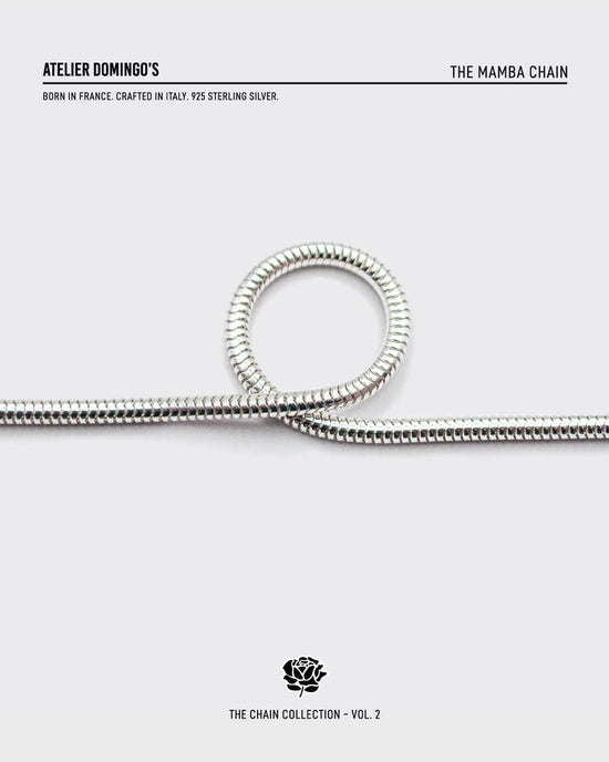 The Mamba necklace is made of 925 sterling silver. The chain is handcrafted in Italy and made for both men and women.