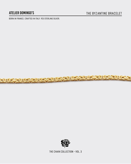 The Byzantine bracelet is made of 925 sterling silver, covered with 18K gold. The bracelet is handcrafted in Italy and made for both men and women.