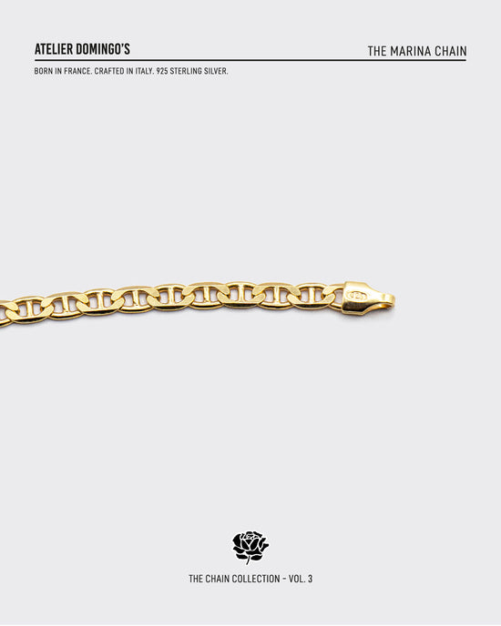 The Marina chain is made of 925 sterling silver, covered with 18K gold. The bracelet is handcrafted in Italy and made for both men and women.