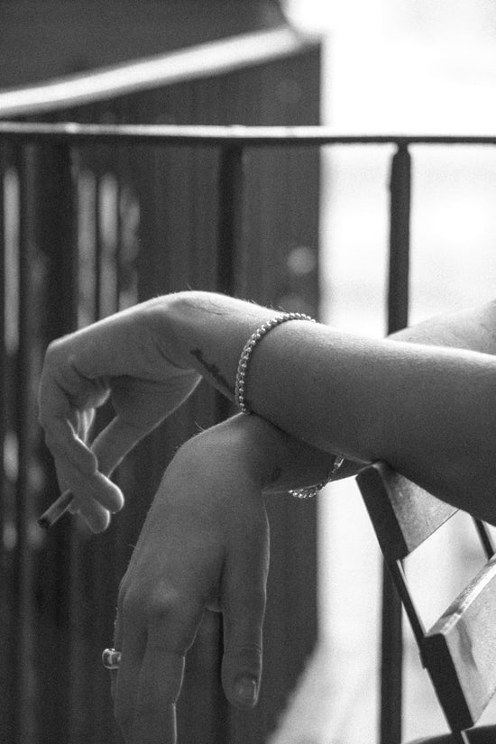 Judit for Atelier Domingo's, wearing our unisex chain collection. Made of 925 sterling silver, this collection has been designed in France and crafted in Italy.