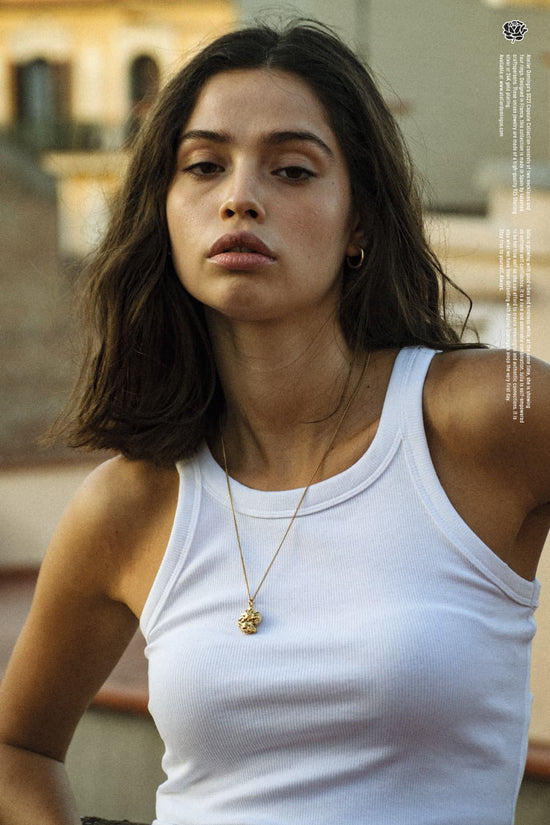 Julia for Atelier Domingo's, wearing our unisex spring/summer 23 collection. Made of a high-quality 925 sterling silver plating and 24K gold plating, this collection has been designed in France and crafted in Spain.