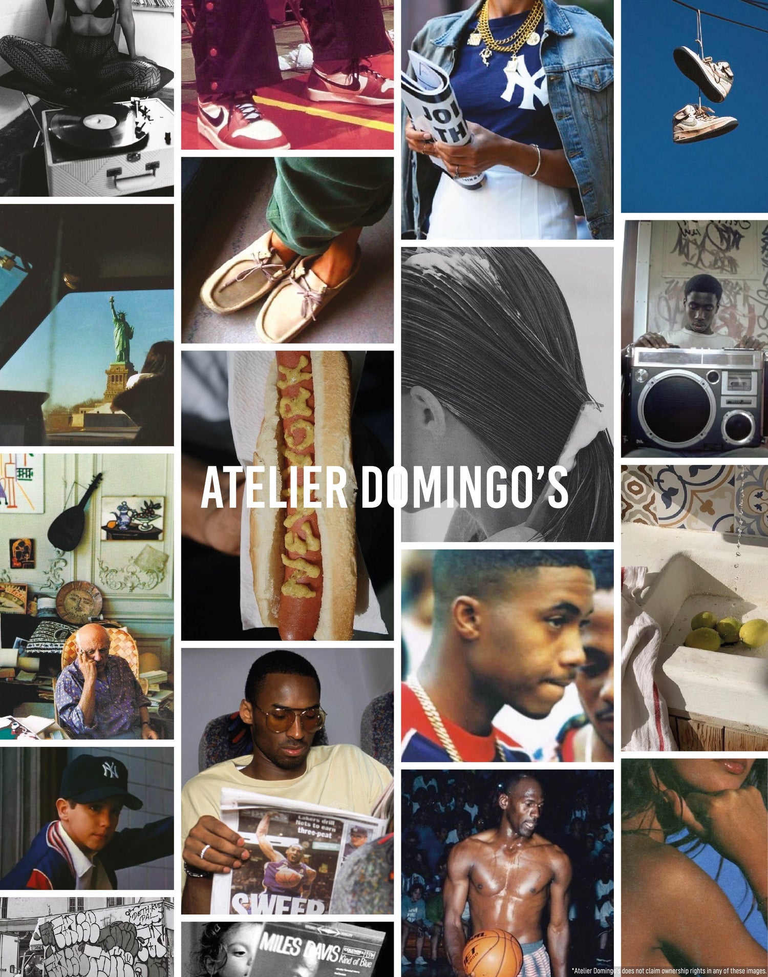 Atelier Domingo's inspirations - hip hop artists like Nas, athletes like Mickael Jordan or Kobe Bryant, artist like Picasso or brands that became culture like Clarks, Jordan. 