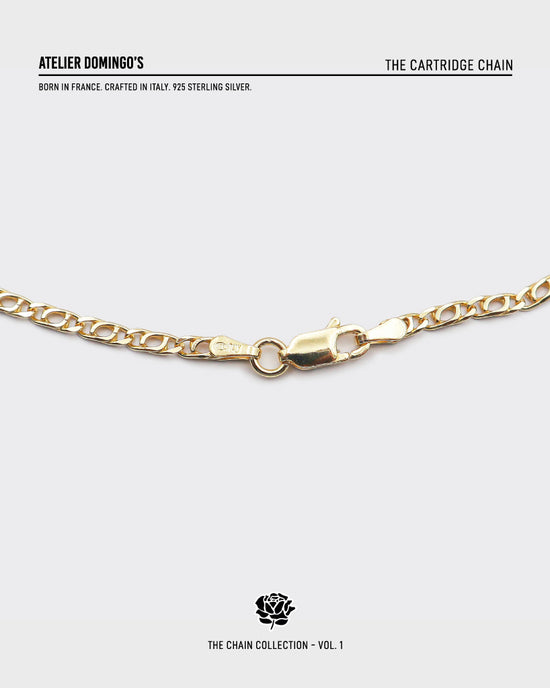 The Cartridge chain is made of 925 sterling silver, covered with 18K gold. The necklace is handcrafted in Italy and made for both men and women.