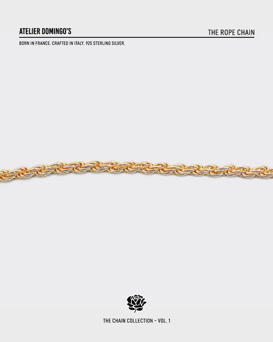 The Rope chain is made of 925 sterling silver, covered with 18K gold. The necklace is handcrafted in Italy and made for both men and women.